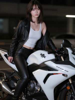 薄暗い駐車場で白いバイクに座っている若い女性を正面から写実的に撮影した写真。
