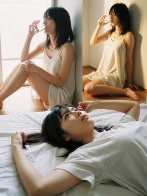 窓から日光が差し込む明るい部屋のベッドに座って、白いナイトガウンを着てリラックスした...。