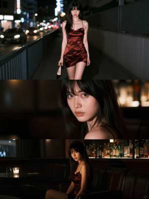 赤いサテンのドレスを着た若い女性が夜の屋上で自信を持ってポーズを取る、トップダウンの...。