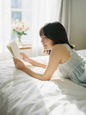 居心地の良い寝室の環境で、ベッドの上で本を読んでいる若い女性を横から撮った写実的な写真。