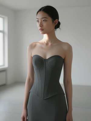 大きな窓のある誰もいない部屋に、フォーマルな服装をした若い女性が自信を持って立ってい...。