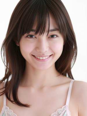 シンプルな白い背景のスタジオ設定で上半身を映した、明るい表情の若い女性の写実的なポー...。