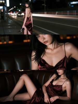 夜の薄暗い都会の中で、赤いサテンのドレスを着てソファに座っている女性をフィーチャーし...。