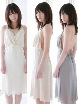 白いドレスを着て 3 つの異なるポーズで立っている若い女性を示す、3 つの異なる角度...。