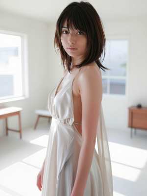 大きな窓から日光が差し込む明るい部屋に立つ若い女性を横顔カメラのアングルから写実的に...。