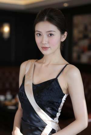 背景にぼやけた家具が置かれた薄暗い部屋のフレームの中央に立つ、白い肌とそばかすを持つ...。