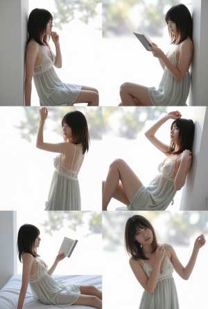 白いナイトガウンを着てベッドに座って本を読んでいる若い女性をフィーチャーした、9 枚...。