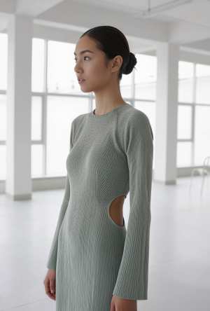 大きな窓のある誰もいない部屋に、カットアウトのディテールが施されたライトグレーのリブ...。