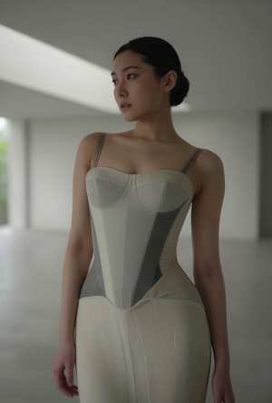 柔らかな照明の空いた部屋に、体にぴったりとフィットした白いドレスを着た若い女性が立っ...。