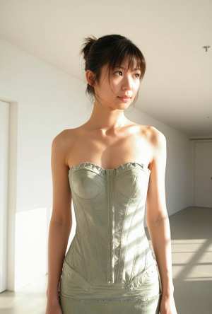 薄緑色のコルセット ドレスを着て、誰もいない部屋に立つ若い女性をポートレート カメラ...。