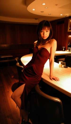 薄暗いレストランのバーカウンターにもたれかかる赤いドレスを着た女性を横から写実的に撮...。