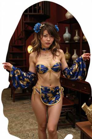 伝統的な東洋の衣装を着た若い女性が、装飾的な花瓶や本棚を背景にした薄暗い部屋で自信を...。