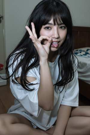 薄暗い部屋で床に座り、右手でピースサインをする若い女性を正面カメラのアングルから写実...。