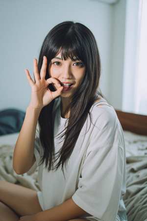 ベッドに座り、右手で「OK」のジェスチャーをしながらふざけた表情を浮かべている若い女...。
