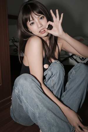 床に座って瞑想的なポーズをとり、右手を顔の前にかざしている若い女性を正面から写実的に...。