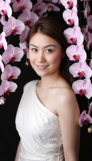 ピンクの蘭の花に囲まれた明るい表情の若い女性をポートレートカメラアングルで撮影したポ...。