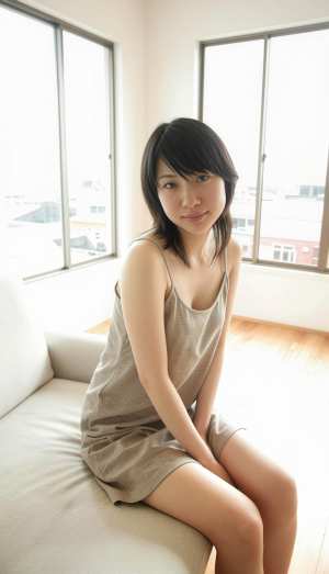 大きな窓のある明るい部屋のソファに座っている若い女性を正面から写実的に撮影したもの。