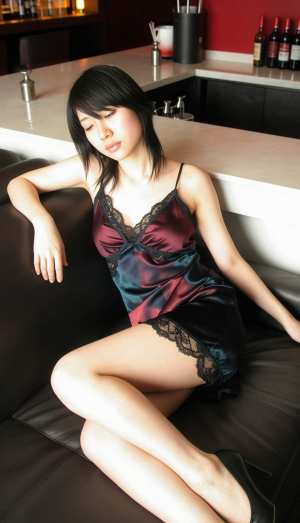 薄暗いバーの中でソファに座り、レースのトリムが付いたシルクのようなスリップ ドレスを...。