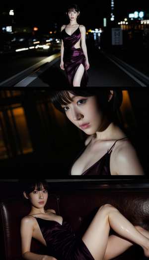 紫色のサテンのドレスを着た若い女性が夜の高速道路で自信を持ってポーズをとる、3 枚の...。