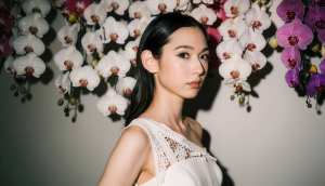 白とピンクの蘭の花を背景に、長い黒髪の若い女性が立っている横顔の角度から撮影した写実...。