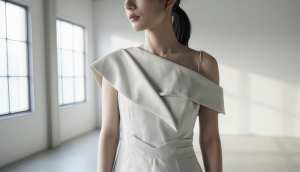 大きな窓のある空の部屋に白いドレスを着た女性が立っている様子を、横顔カメラのアングル...。