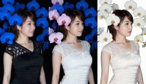 レースのトリムが付いた黒いドレスを着て画像の中央に立つ若い女性を 3 つの異なる角度...。