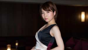 深いVネックの黒と白のノースリーブのドレスを着て、薄暗い部屋に立つ若い日本人女性の写...。