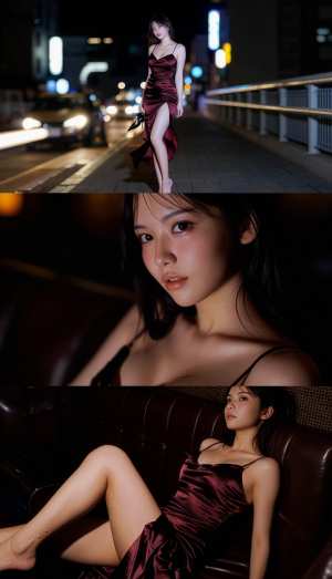 夜の薄暗い街路のソファに座る栗色のサテンのドレスを着た若い女性をフィーチャーした、3...。