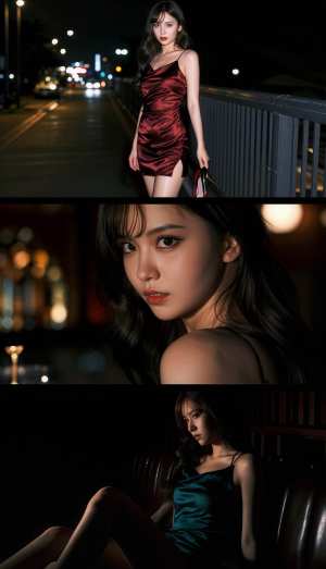 赤いサテンのドレスを着た女性が、背景の街の明かりに照らされて、夜の橋の上でポーズをと...。