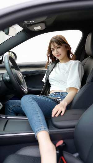 白い T シャツとブルー ジーンズを着て現代の車の運転席に座っている若い女性を横から...。