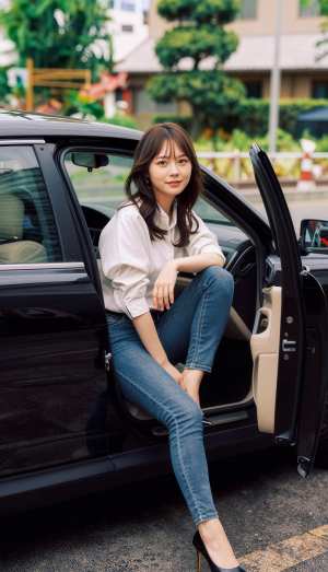 白いブラウスとブルー ジーンズを着て黒い車の運転席に座っている若い女性を横から撮った...。