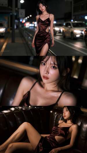 夜の薄暗い街路で革張りのソファに座るバーガンディのサテンのドレスを着た若い女性をフィ...。