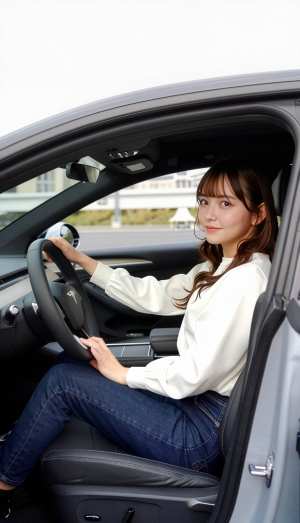 現代の車の運転席に座り、両手でハンドルを握る若い女性を写実的に横から撮影した写真。