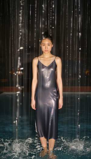 滝から流れ落ちる水に囲まれ、プールの真ん中に立つ若い女性の写実的なポートレート。