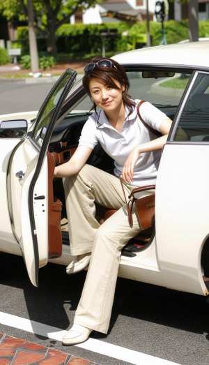 白いポロシャツとベージュのパンツを着て、頭にサングラスをかけ、白い車の運転席に座って...。