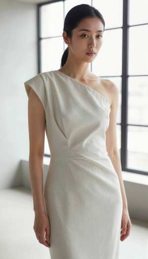 大きな窓のある誰もいない部屋に、白いワンショルダーのドレスを着て自信を持って立ってい...。