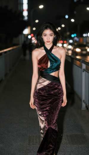 街灯に照らされた夜の橋の上を歩く豪華なドレスを着た女性を正面カメラのアングルから写実...。