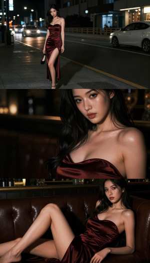 夜の薄暗い街路で、豪華な赤いサテンのドレスを着た女性が茶色の革張りのソファに座ってい...。