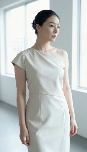 大きな窓のある空の部屋に白いドレスを着た若い女性が立っている様子を、横顔カメラのアン...。