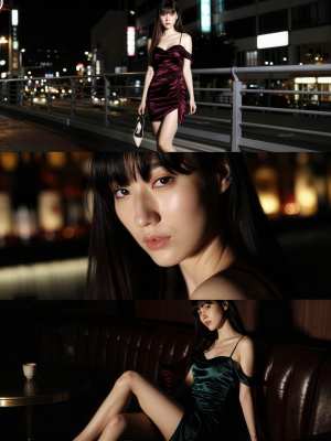 夜の洗練された衣装を着た若い女性をフィーチャーした 3 枚の写真のコラージュから作ら...。