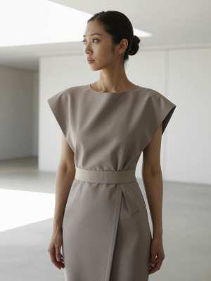 ミニマルな装飾が施された誰もいない部屋にフォーマルなドレスを着た女性が立っている様子...。