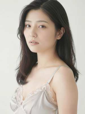 レースのトリムが付いた絹のような白いナイトガウンを着た、中性的な表情の若い女性をポー...。