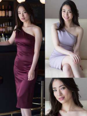 スタイリッシュなワンショルダーのドレスを着てバーでポーズをとる女性を正面から撮影した...。