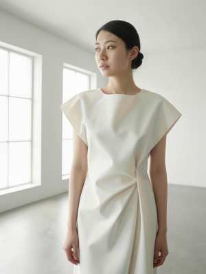 大きな窓のある空の部屋に白いドレスを着た若い女性が立っている様子を、横顔カメラのアン...。