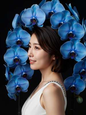 青い蘭の花に囲まれた若い女性のポートレートを横顔カメラのアングルから撮影した写実的な...。