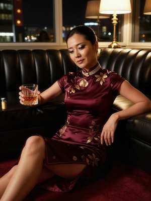 豪華なワインレッドのチャイナ ドレスを着た女性が、薄暗い部屋で黒い革張りのソファに座...。