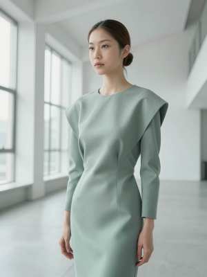 大きな窓のある空の部屋に立つ、薄緑色のドレスを着た若い女性を正面カメラのアングルから...。