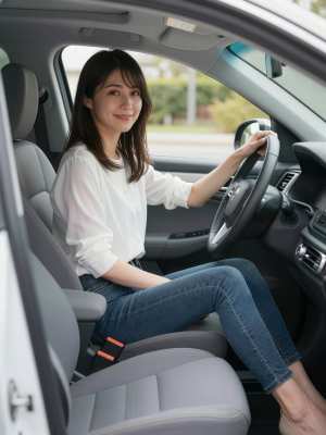 現代の車の運転席に座り、ハンドルを握りながら自信に満ちた笑みを浮かべている若い女性を...。