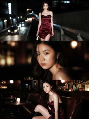 薄暗いバーの中で赤いサテンのドレスを着てポーズをとる若い女性を、コラージュの角度から...。