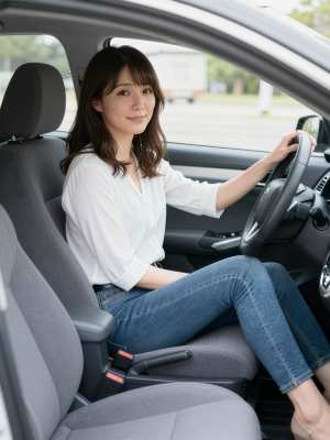 現代の車の運転席に座り、ハンドルを握りながら自信に満ちた笑みを浮かべている若い女性を...。